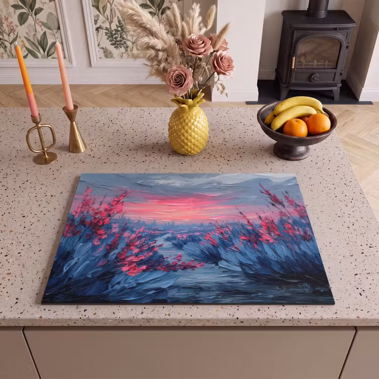 Inductie beschermer - Schilderij - Zonsondergang - Bloemen - Rivier — 2