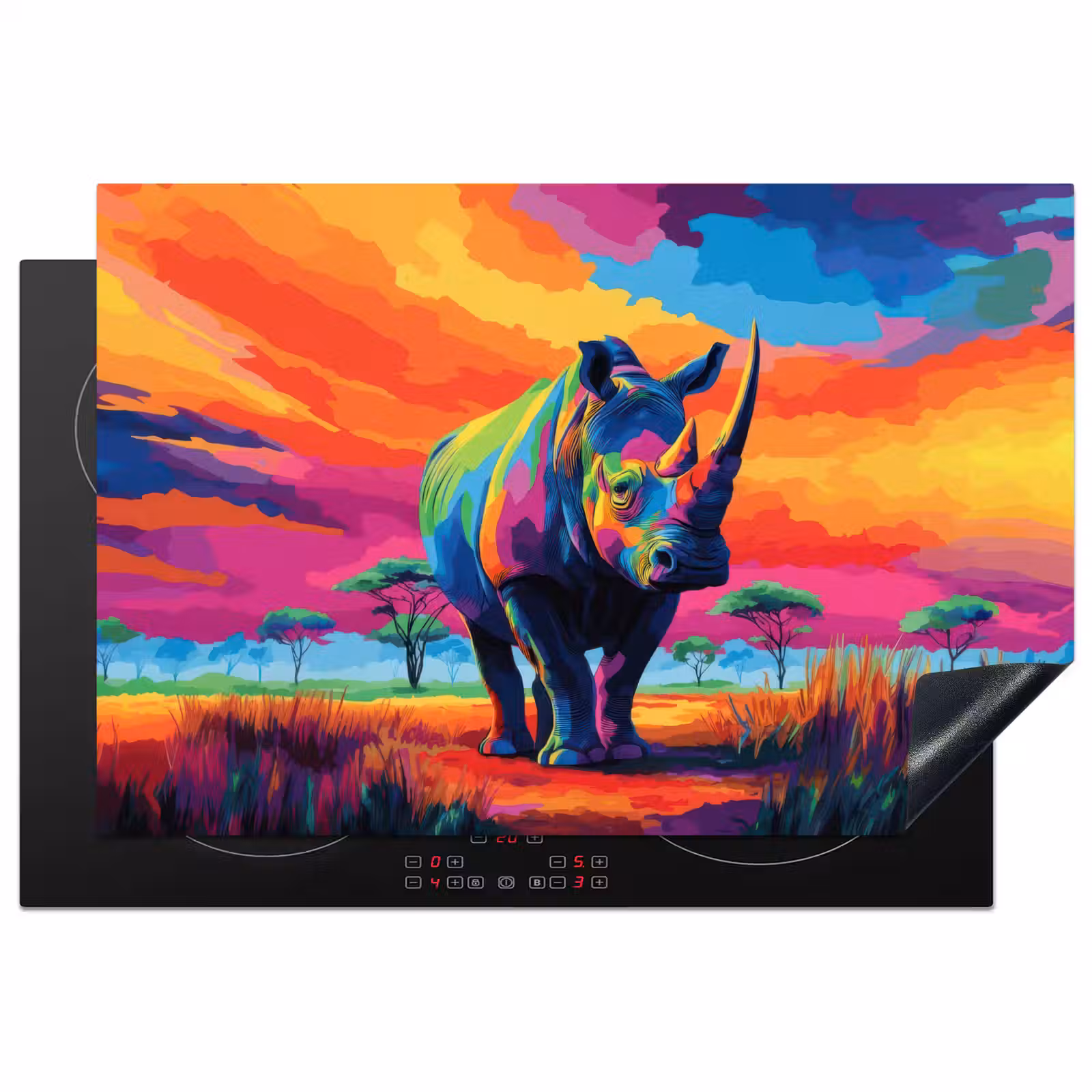 Inductie beschermer - Neushoorn - Zonsondergang - Savanna - Kleurrijk — 1
