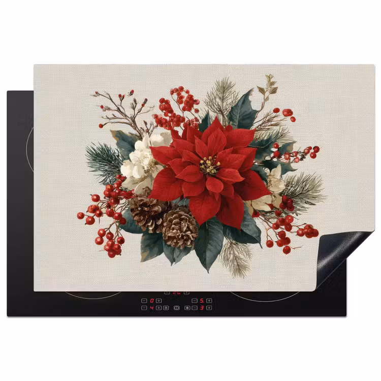 Inductie beschermer - Kerststuk - Poinsettia - Dennenappels - Rood — 1
