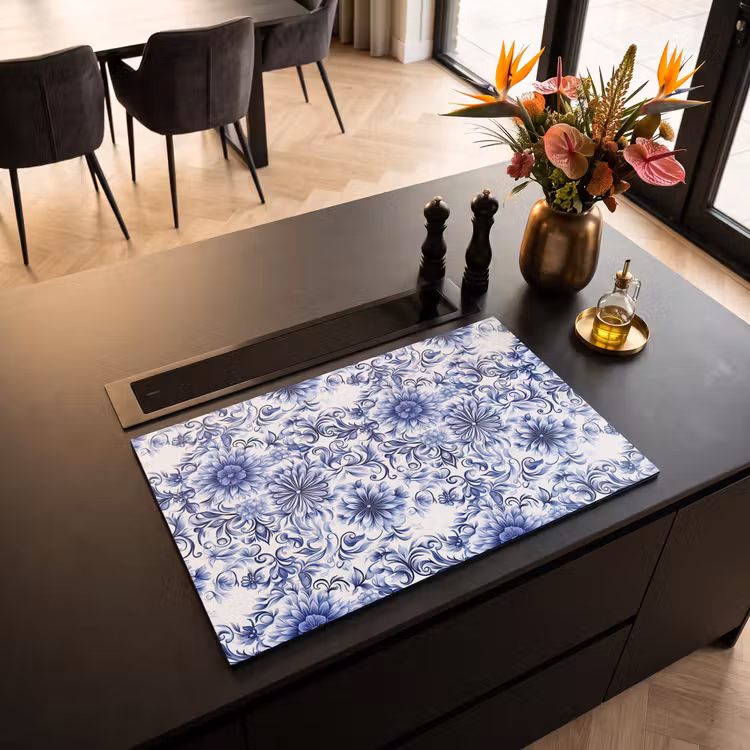 Inductie beschermer - Bloemen - Blauw - Patroon - Wit — 5