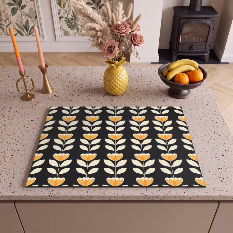 Inductie beschermer - Retro - Bloem - Zwart - Okergeel — 2