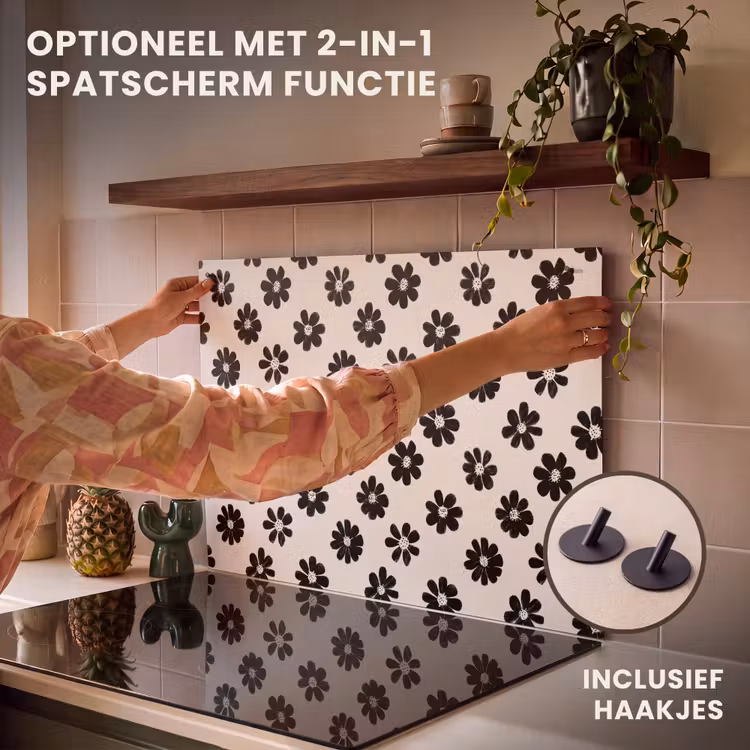 Inductie beschermer - Grafisch - Madeliefjes - Zwart - Beige — 10