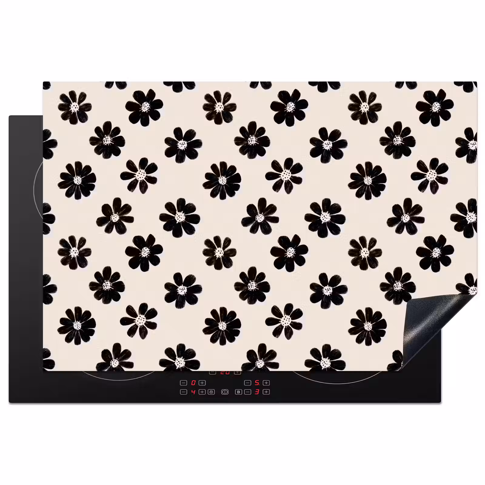Inductie beschermer - Grafisch - Madeliefjes - Zwart - Beige — 1