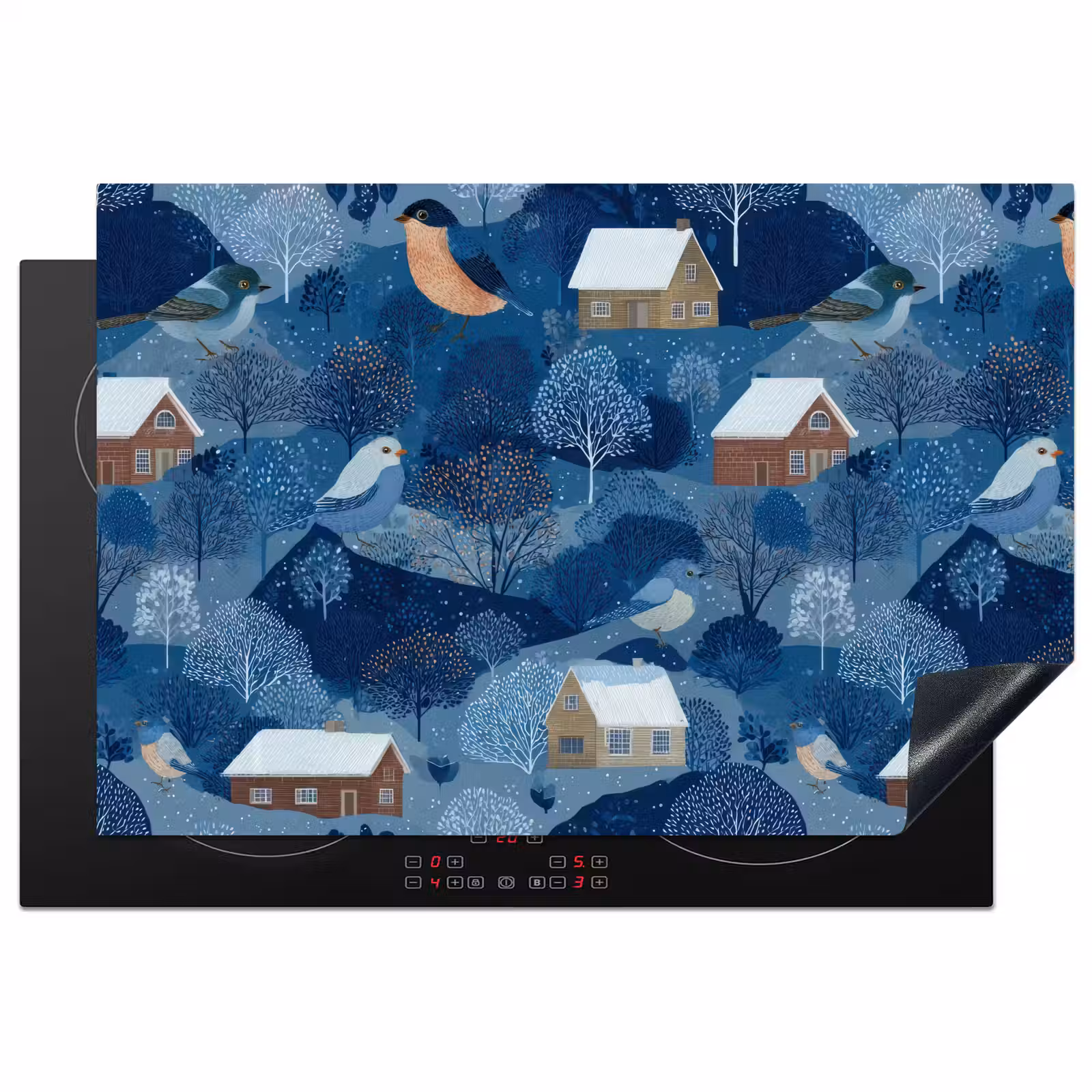 Inductie beschermer - Huisjes - Vogels - Sneeuw - Winter - Blauw — 1