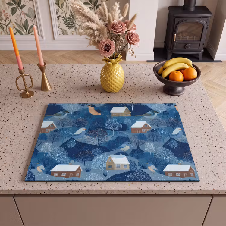 Inductie beschermer - Huisjes - Vogels - Sneeuw - Winter - Blauw — 2