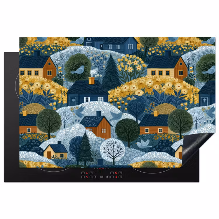 Inductie beschermer - Huisjes - Bloemen - Patroon - Geel - Blauw — 1