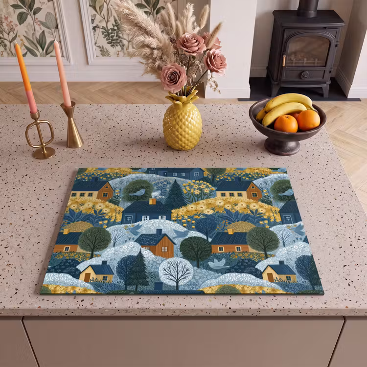 Inductie beschermer - Huisjes - Bloemen - Patroon - Geel - Blauw — 2