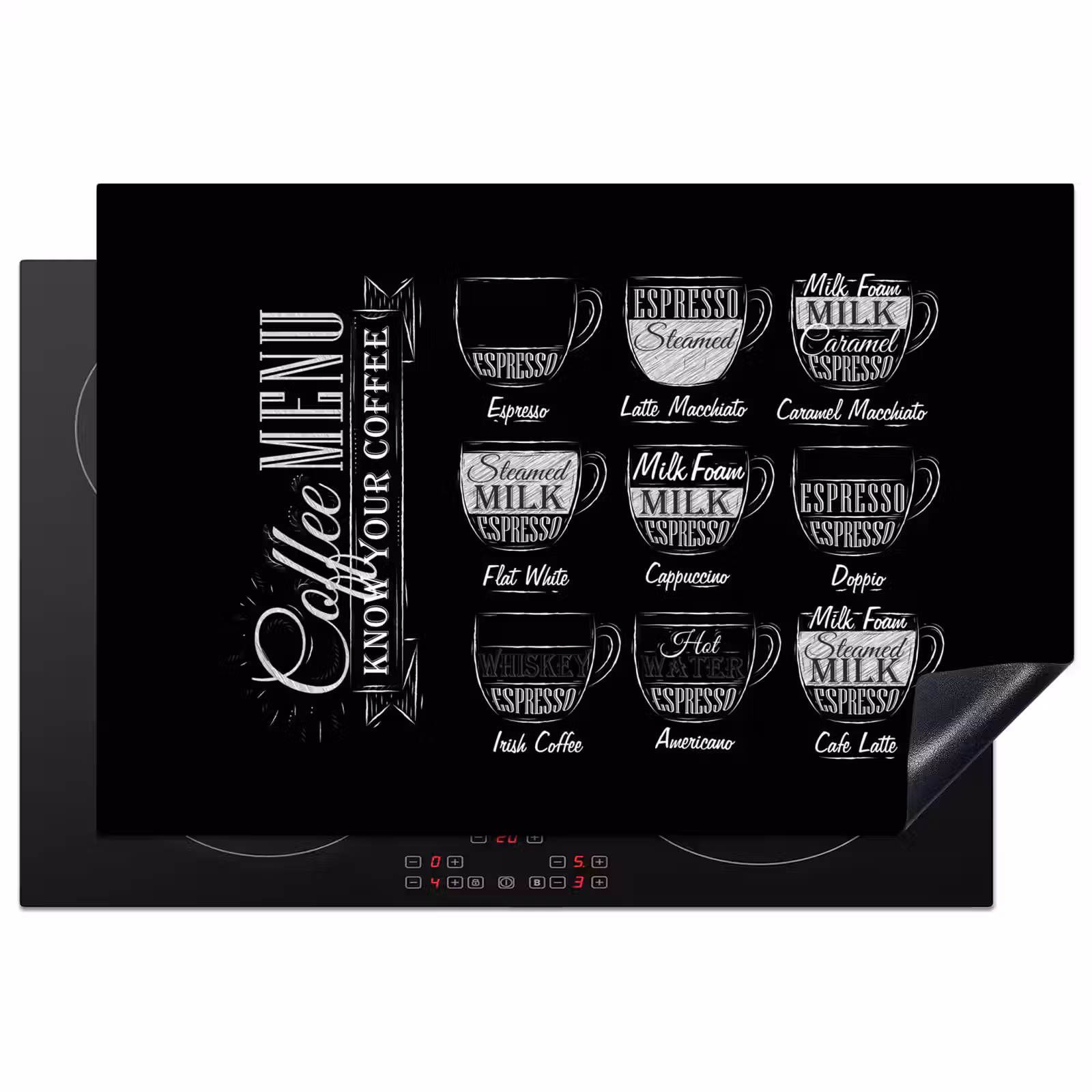 Inductie beschermer - Zwart-Wit Menukunst van Koffiespecialiteiten — 1