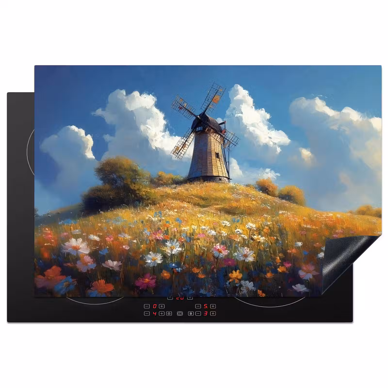Inductie beschermer - Windmolen - Heuvel - Bloemen - Kleurrijk — 1