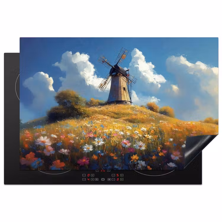 Inductie beschermer - Windmolen - Heuvel - Bloemen - Kleurrijk — 1