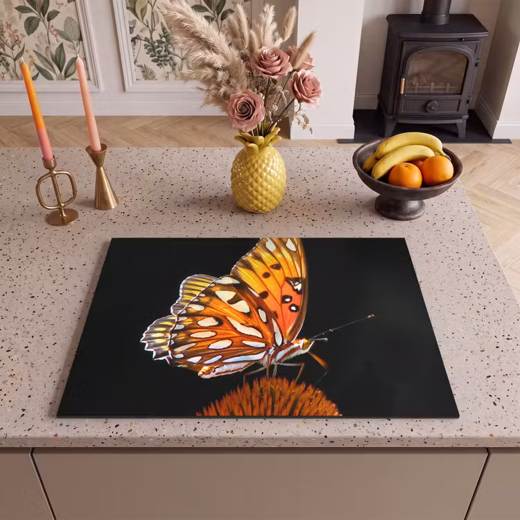 Inductie beschermer - Vlinder - Bloemen - Insect - Portret - Zwart - Oranje — 2