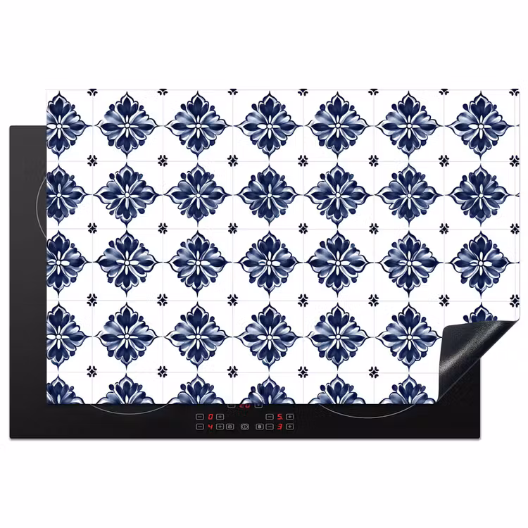 Inductie beschermer - Tegelmotief - Blauw - Wit - Bloem — 1