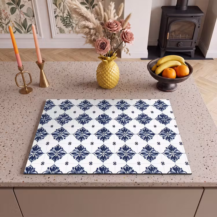 Inductie beschermer - Tegelmotief - Blauw - Wit - Bloem — 2