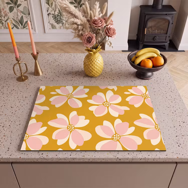 Inductie beschermer - Vintage - Bloemen - Okergeel — 2