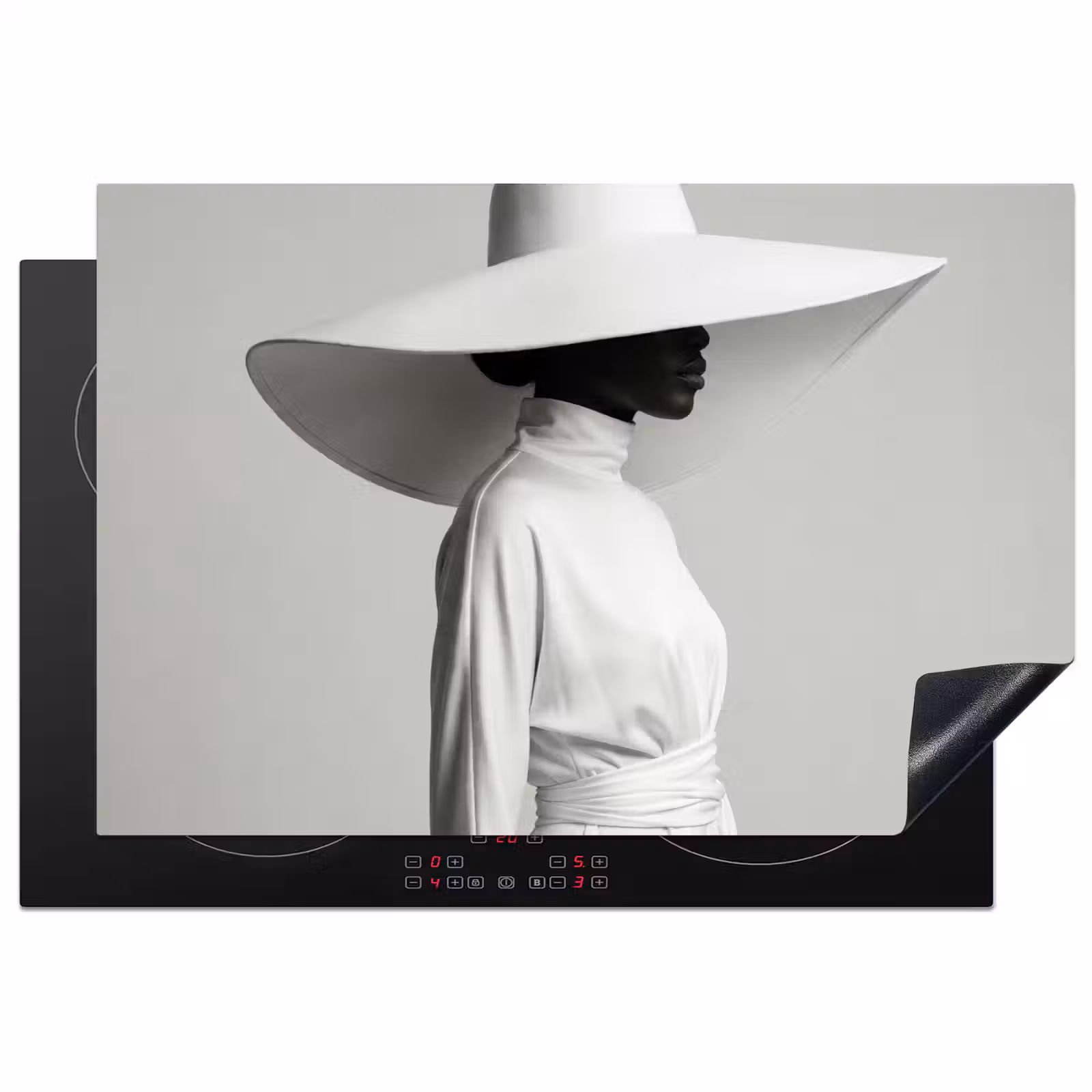 Inductie beschermer - Vrouw - Profiel - Hoed - Zwart - Wit - Minimalistisch — 1