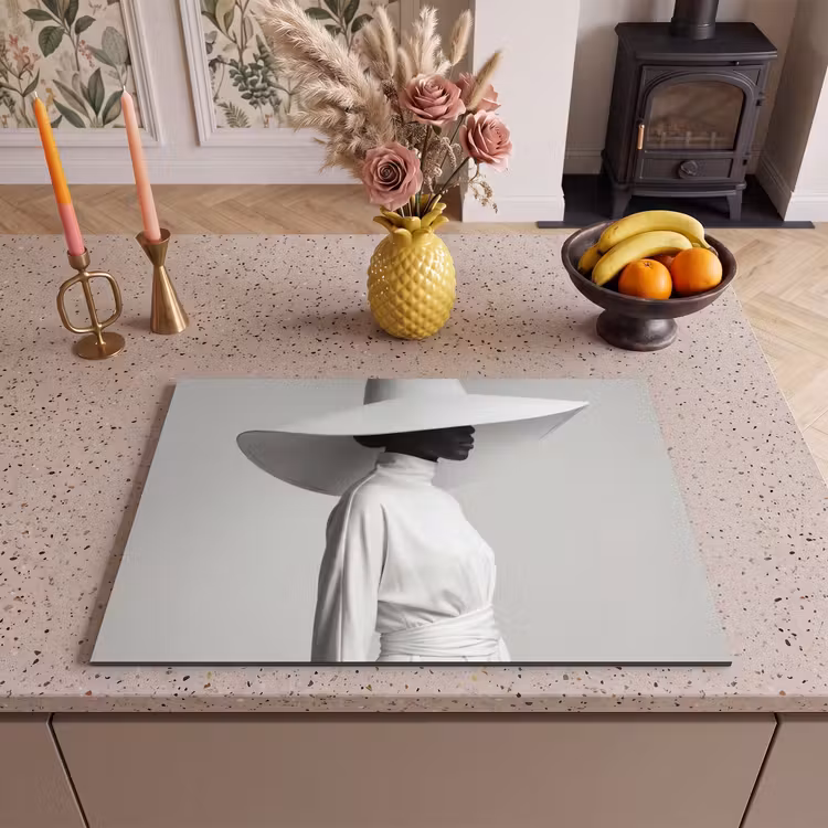 Inductie beschermer - Vrouw - Profiel - Hoed - Zwart - Wit - Minimalistisch — 2