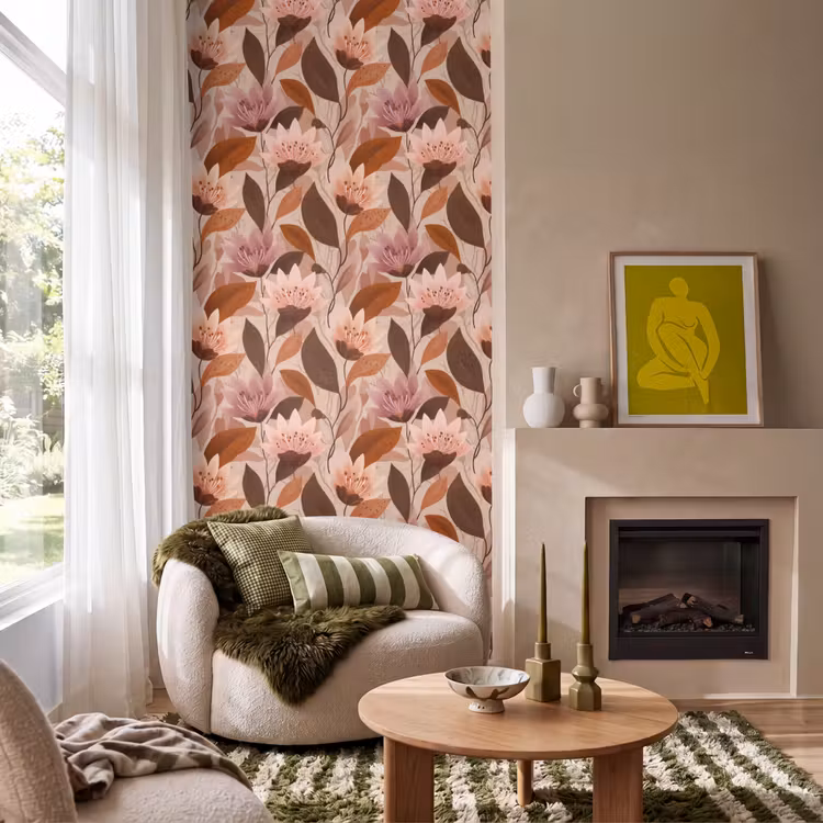 Behang - Bloemen - Bladeren - Bruin — 1