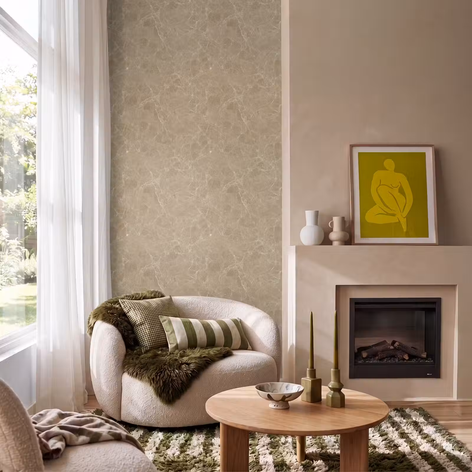 Behang - Beige - Marmer - Witte aders — 1