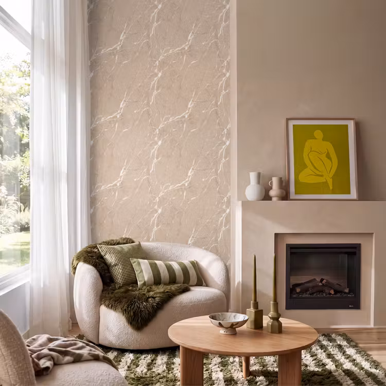 Behang - Beige - Marmer - Organisch - Wit — 1