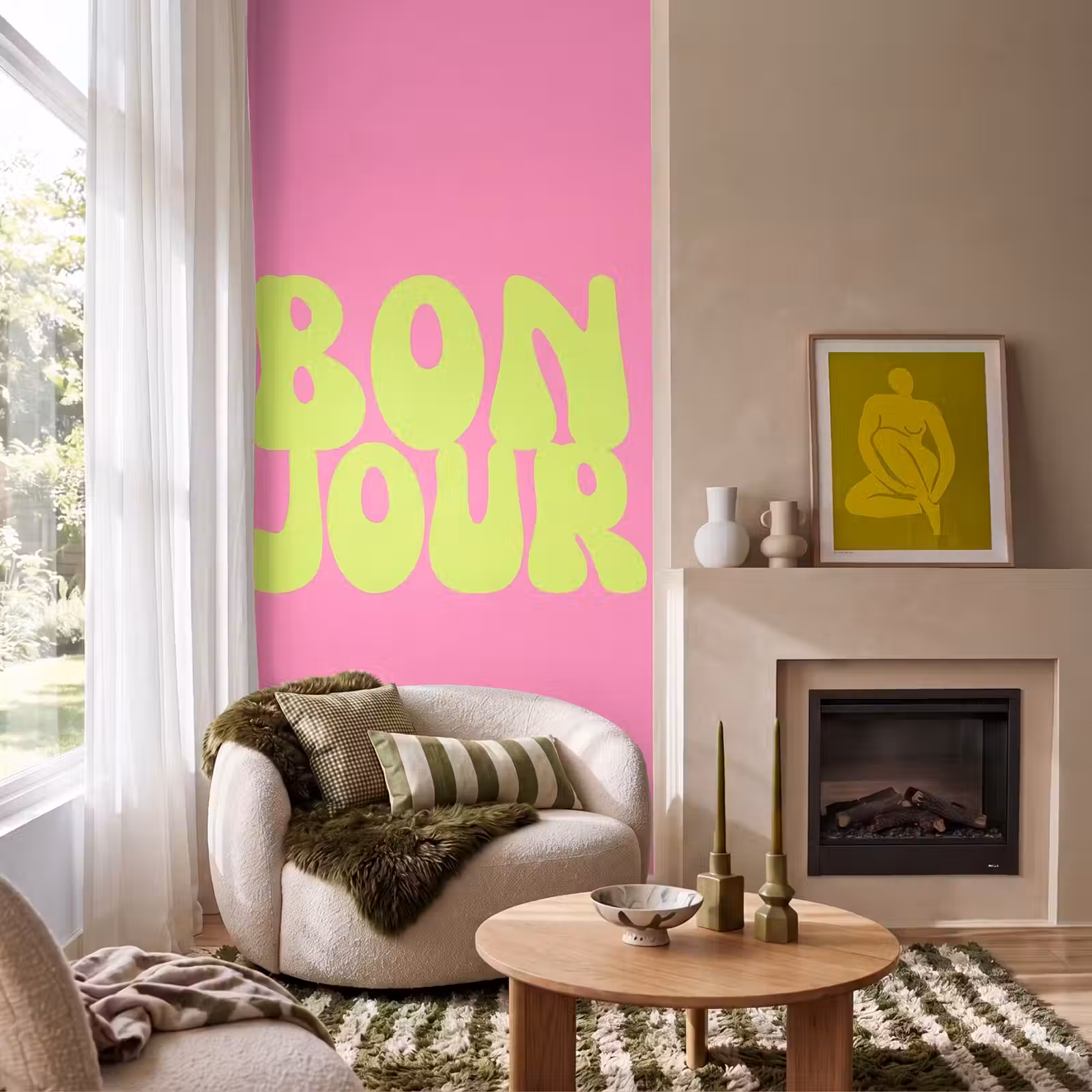 Behang - Bonjour - Roze - Fel groen — 1