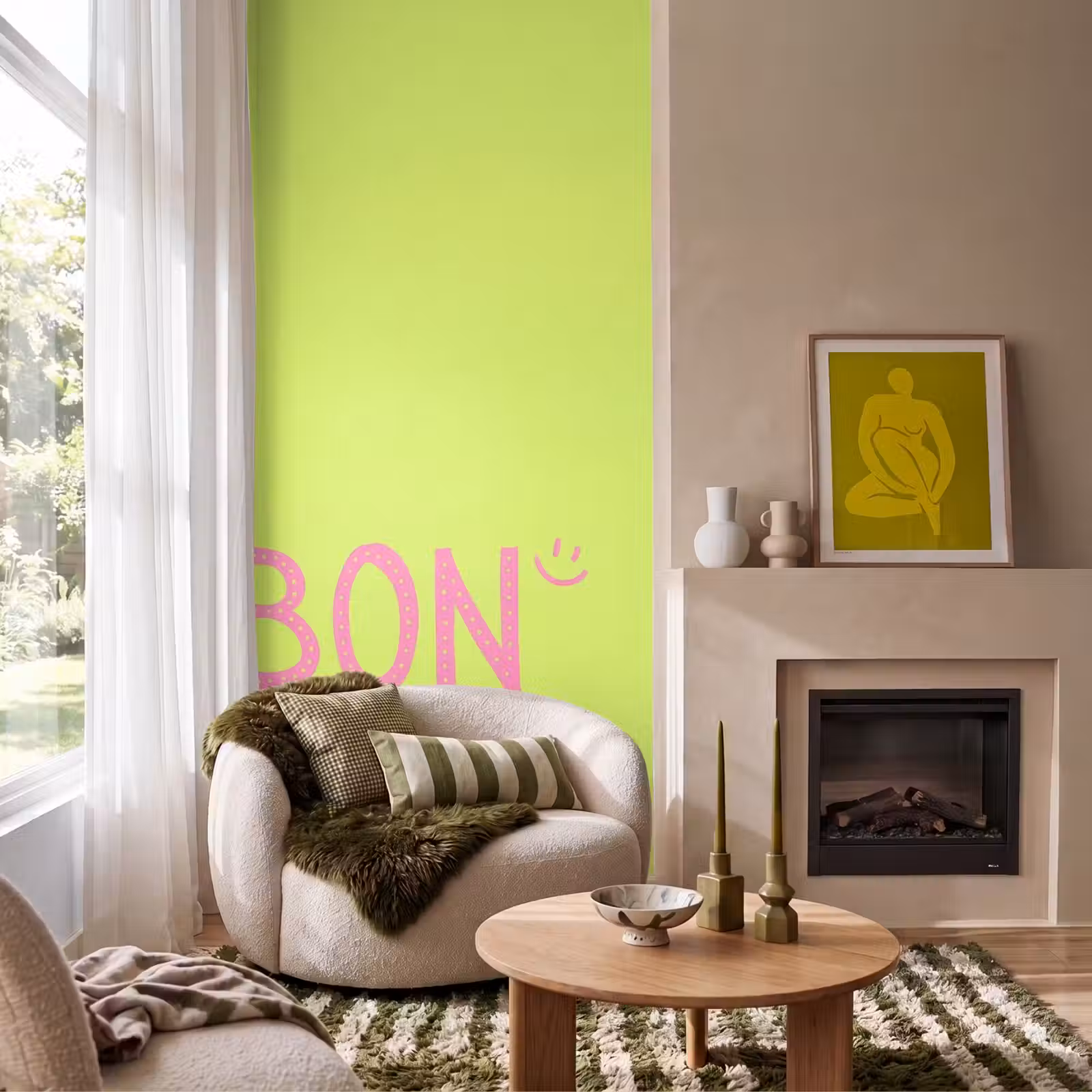 Behang - Groen - Smiley - Bonjour - Roze — 1