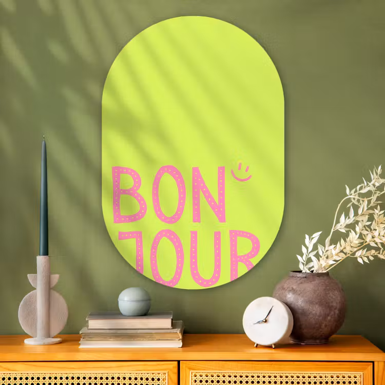 Muurovaal - Glas - Groen - Smiley - Bonjour - Roze — 2