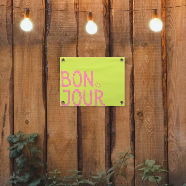 Tuinposter - Groen - Smiley - Bonjour - Roze — 2