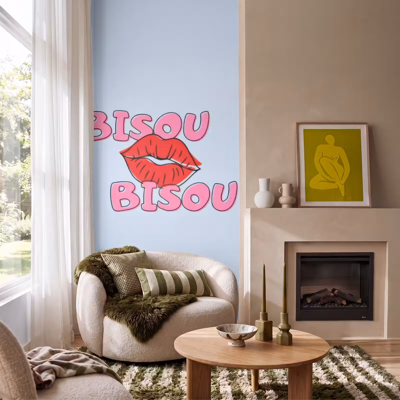 Behang - Bisou - Blauw - Roze - Lippen — 1