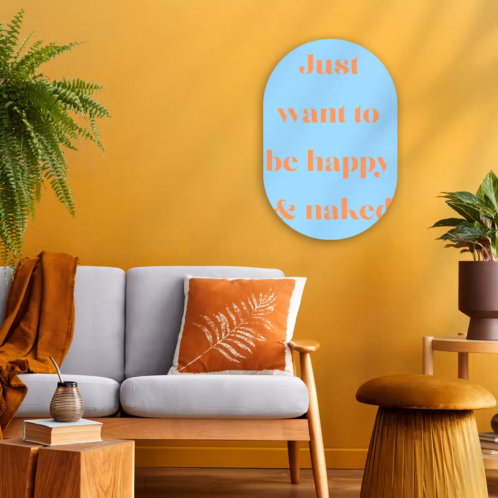 Muurovaal - Kunststof - Blauw - Oranje - Just want to be happy & naked — 1