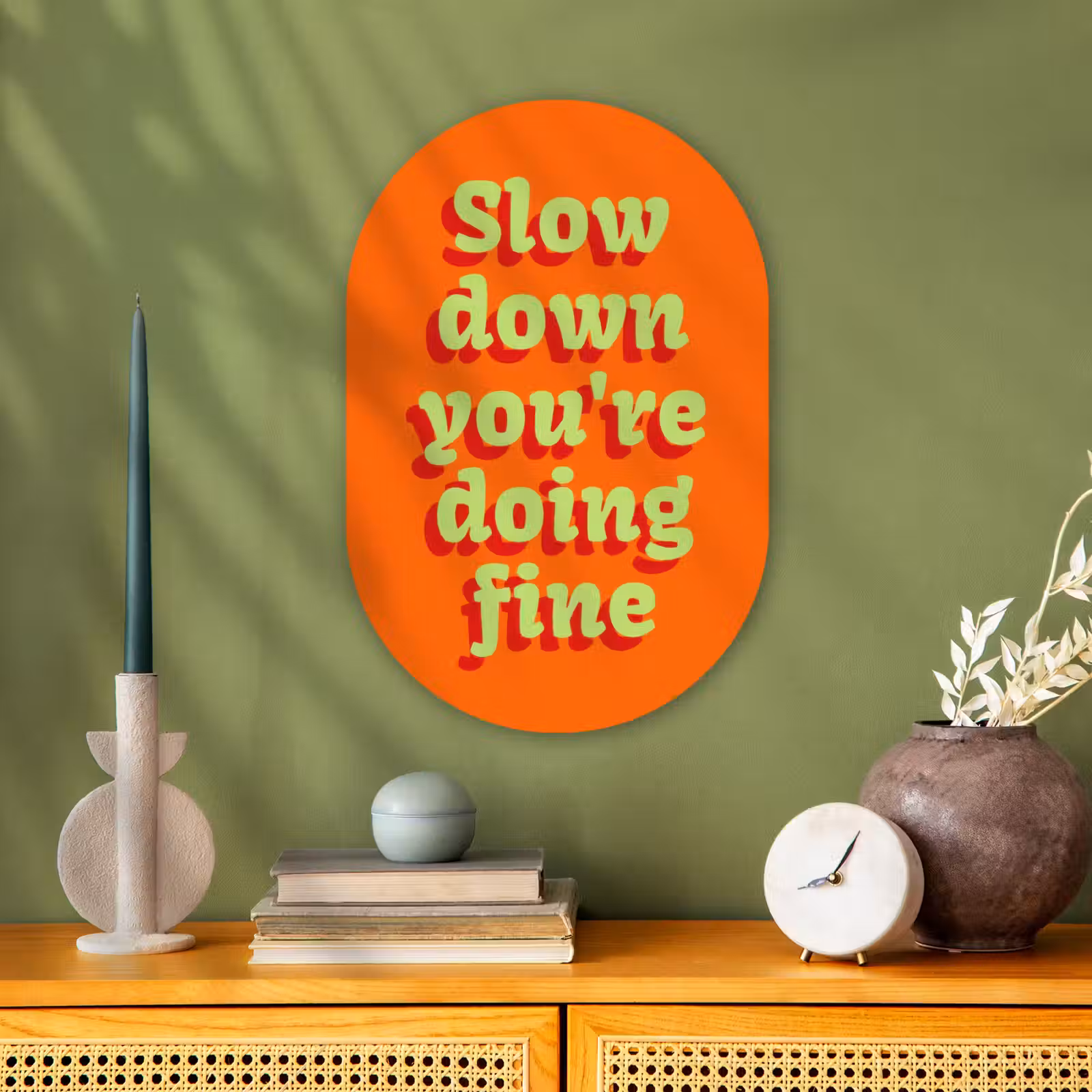 Muurovaal - Kunststof - Oranje - Slow down you're doing fine - Retro — 1