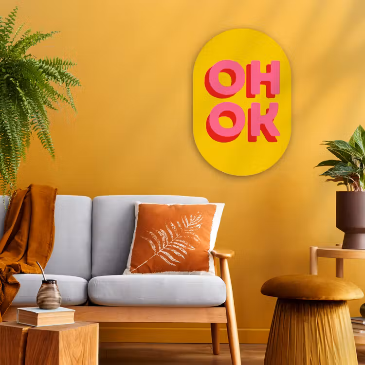 Muurovaal - Kunststof - Oh ok - 3D - Geel - Roze — 1