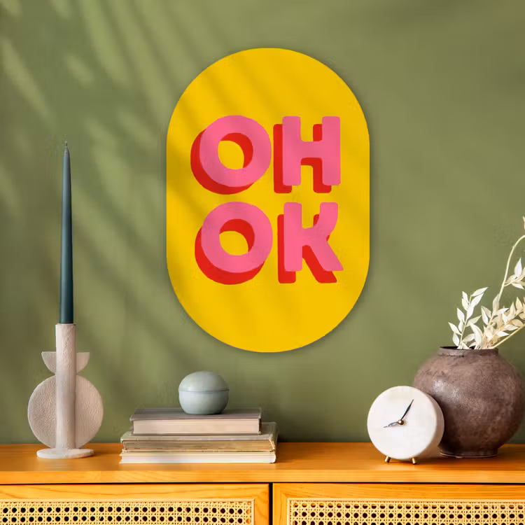 Muurovaal - Kunststof - Oh ok - 3D - Geel - Roze — 2