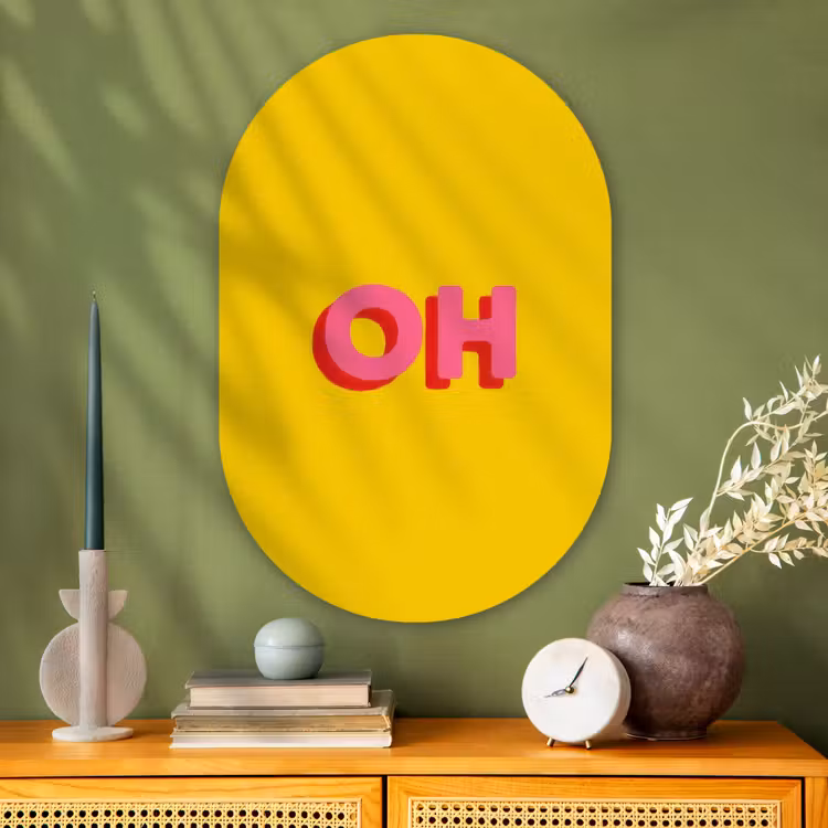 Muurovaal - Glas - Geel - Roze - Oh - 3D — 2