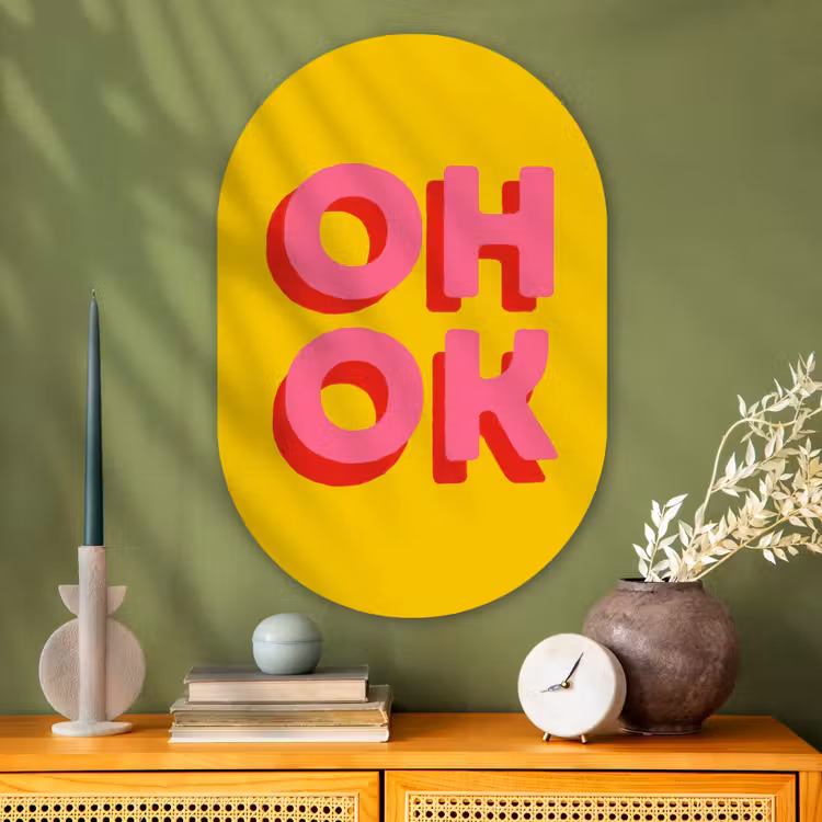 Muurovaal - Glas - Oh ok - 3D - Geel - Roze — 2