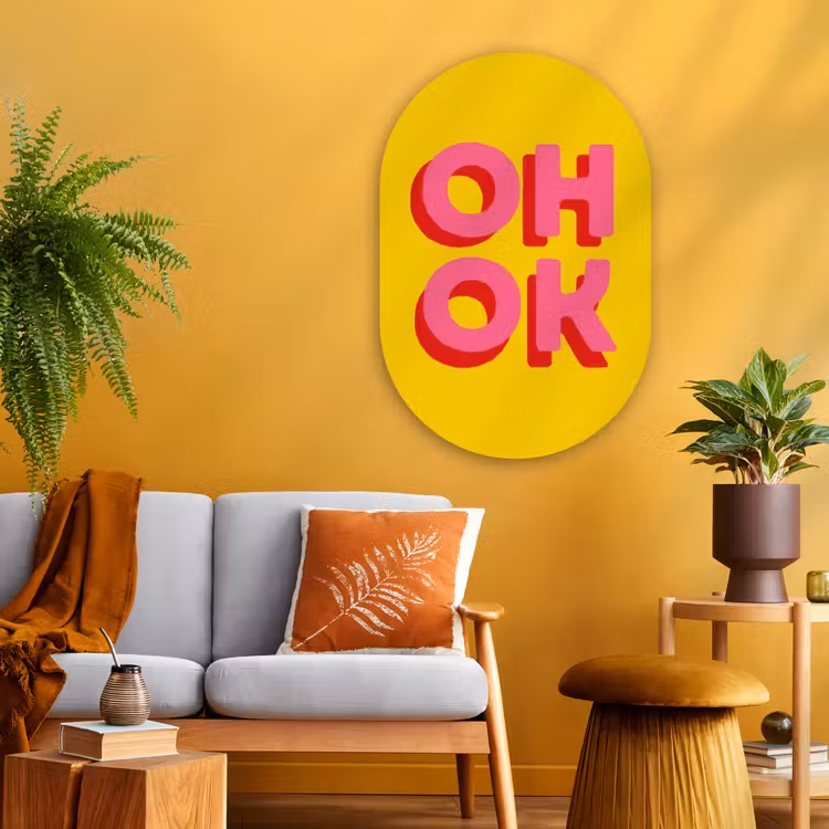 Muurovaal - Glas - Oh ok - 3D - Geel - Roze — 3