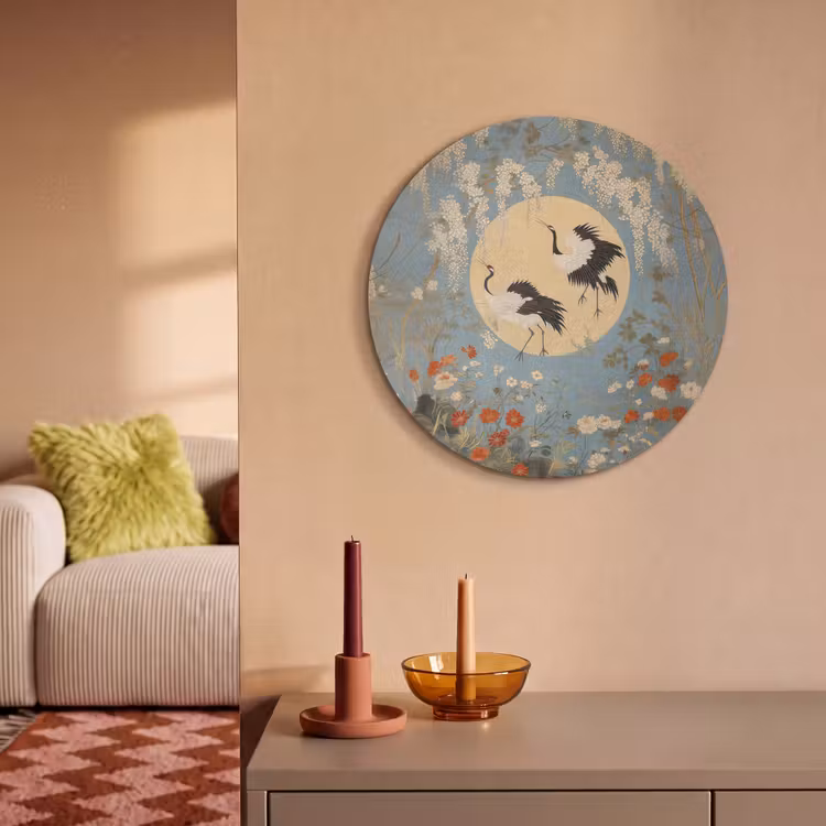 Akoestisch schilderij rond - Kraanvogels - Maan - Bloemen - Blauw — 2