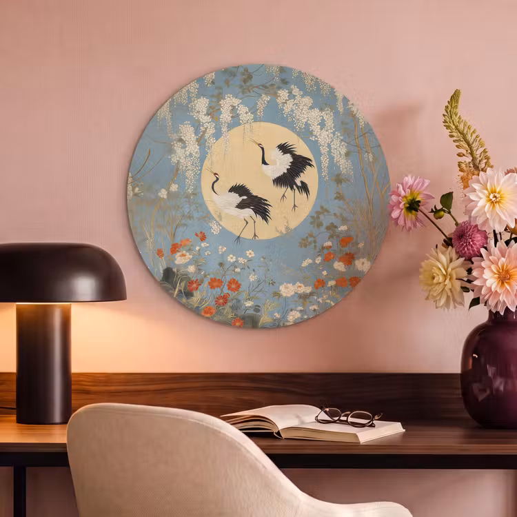Akoestisch schilderij rond - Kraanvogels - Maan - Bloemen - Blauw — 6
