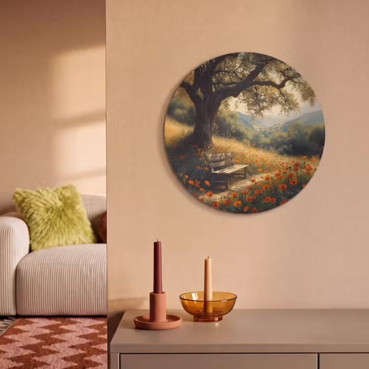 Akoestisch schilderij rond - Bankje - Boom - Klaprozen - Heuvels — 2