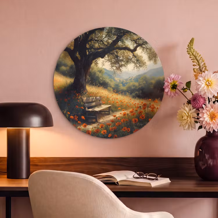 Akoestisch schilderij rond - Bankje - Boom - Klaprozen - Heuvels — 6