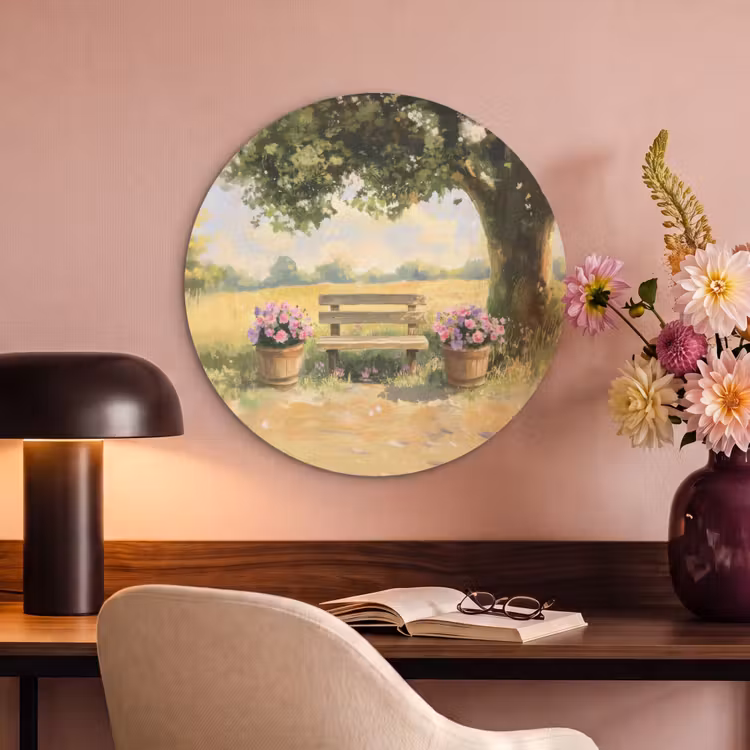 Akoestisch schilderij rond - Houten bankje - Bloempotten - Landschap — 6