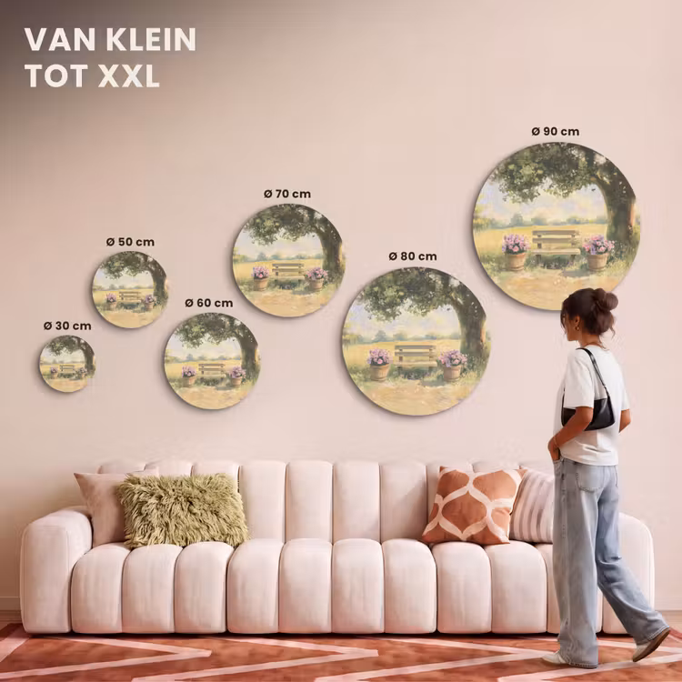 Akoestisch schilderij rond - Houten bankje - Bloempotten - Landschap — 7