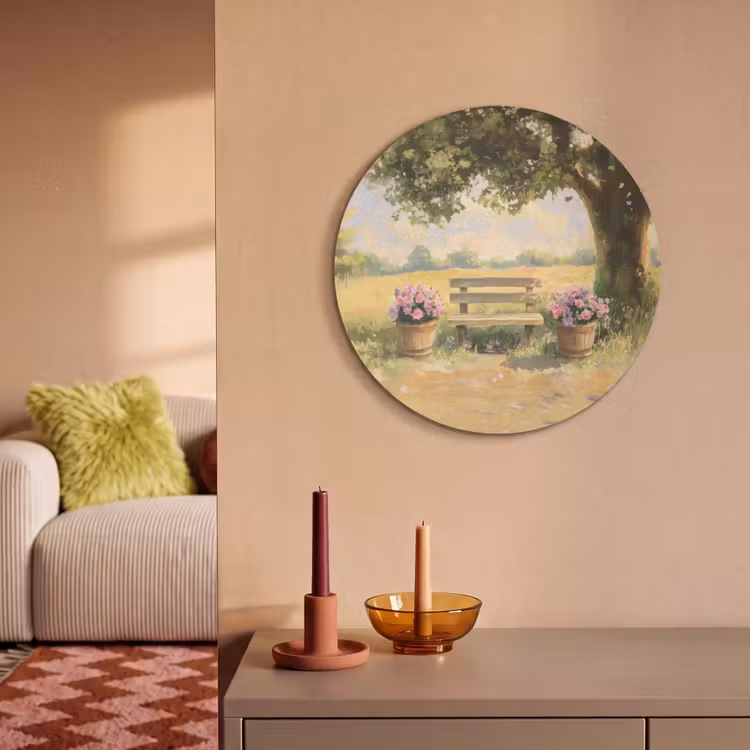 Akoestisch schilderij rond - Houten bankje - Bloempotten - Landschap — 2