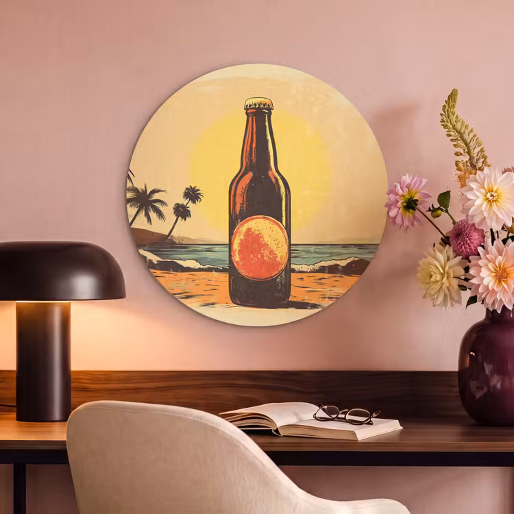 Akoestisch schilderij rond - Bierfles - Zonsondergang - Palmbomen - Zee — 6