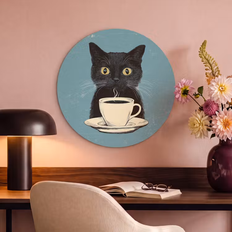 Akoestisch schilderij rond - Kat - Zwart - Koffie - Minimalistisch — 6