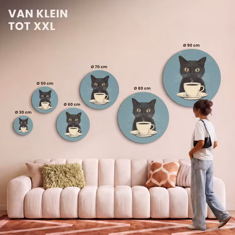 Akoestisch schilderij rond - Kat - Zwart - Koffie - Minimalistisch — 7