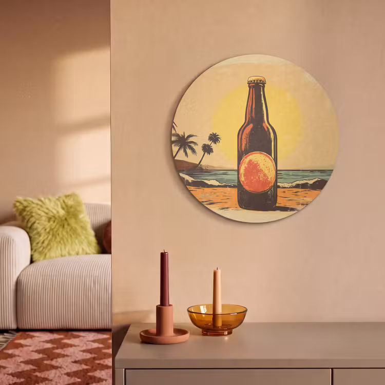 Akoestisch schilderij rond - Bierfles - Zonsondergang - Palmbomen - Zee — 2