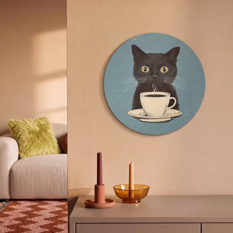 Akoestisch schilderij rond - Kat - Zwart - Koffie - Minimalistisch — 2