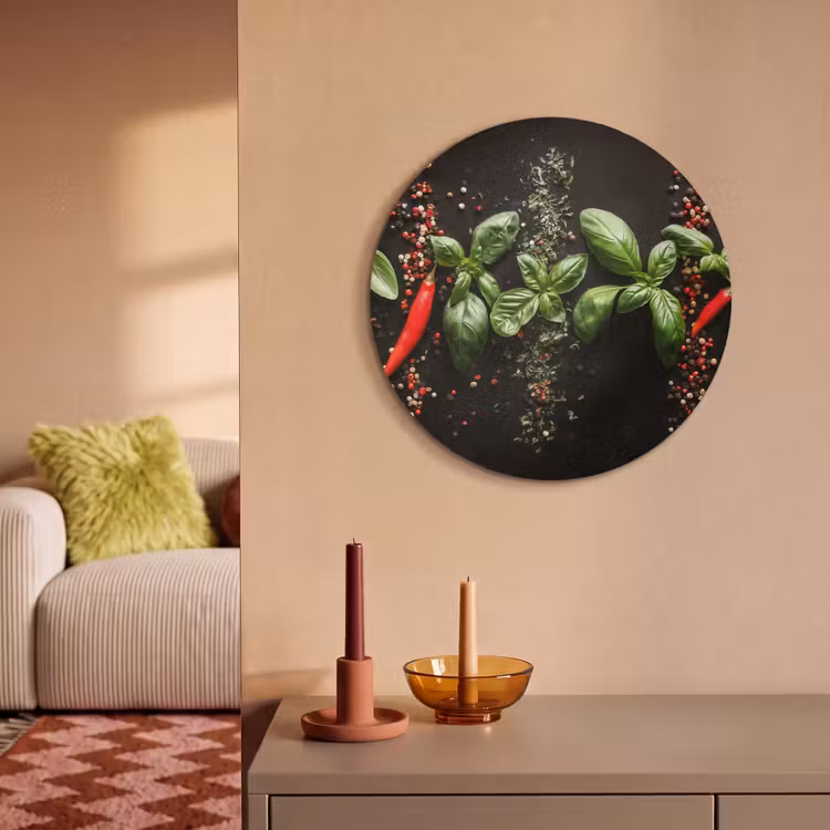Akoestisch schilderij rond - Chilipepers - Basilicum - Blaadjes - Rood — 2