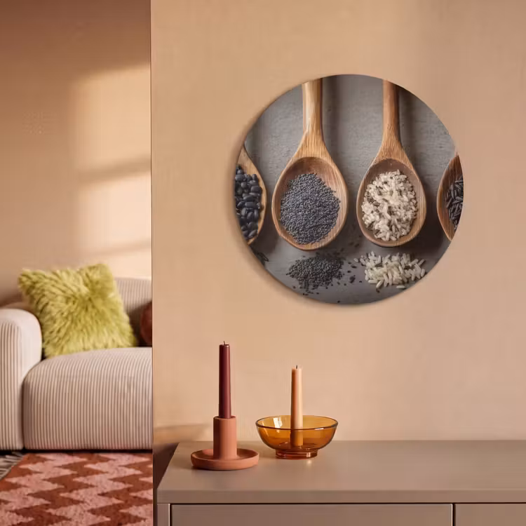 Akoestisch schilderij rond - Houten - Lepels - Rijst - Zaden — 2