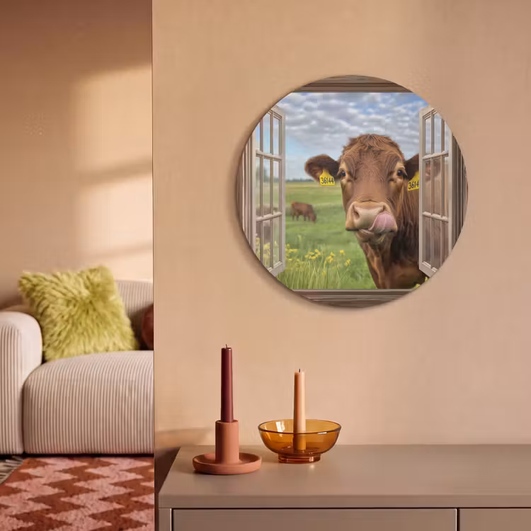 Akoestisch schilderij rond - Doorkijk - Koe - Weiland - Landschap - Dieren — 2